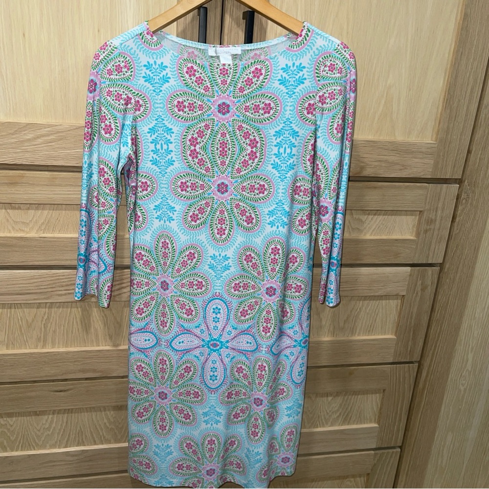 London Times Green and Blue Sheath Dress 3/4 Sleeve Crew Neck